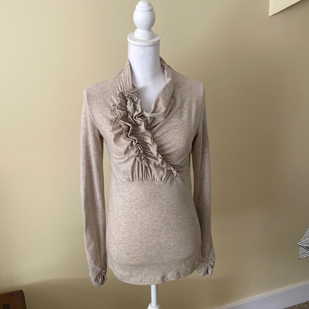 CAbi Tan Long Sleeve Ruffle Top Small